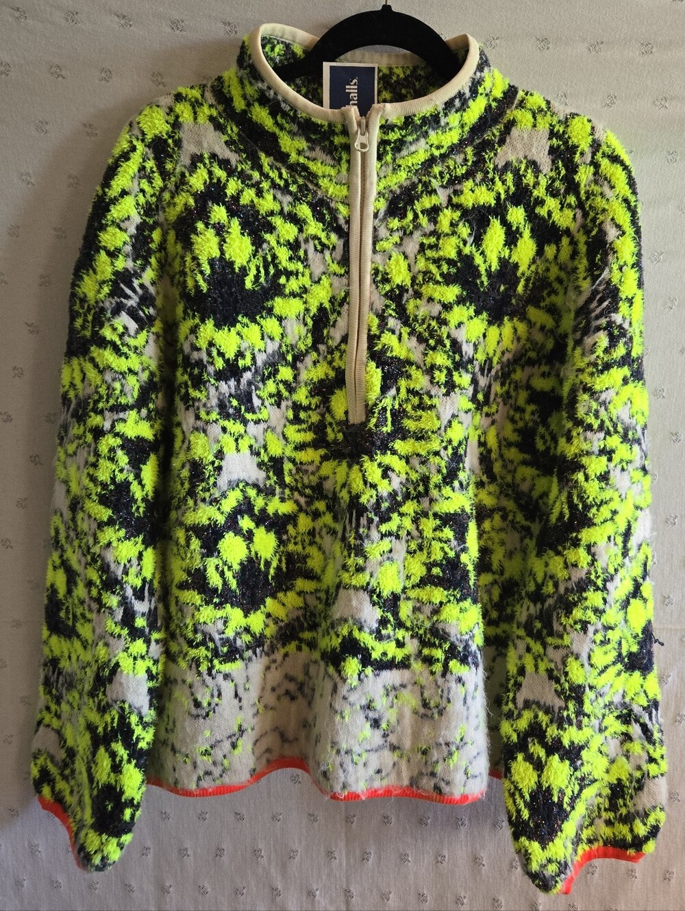 NWT Anthropologie Quarter-Zip Pullover in Neon Yellow, Metallic Stitching Size L